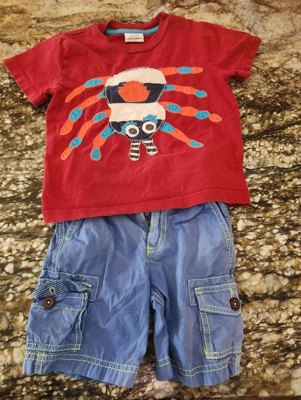 Mini Boden Red Tee with Blue Cargo Shorts